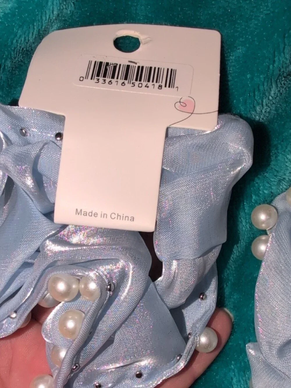Light Blue Pearl-Trim Pair Of Scrunchies-